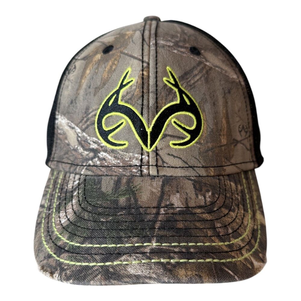 Realtree Hunting Camouflage Baseball Cap Hat Black Neon Yellow Antler Logo L-XL